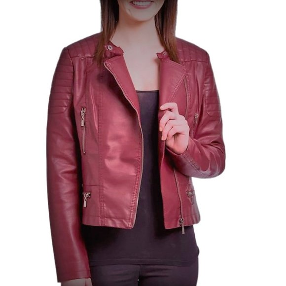 OLIVIA MILLER Burgundy Moto Style Asymmetrical Zipper Faux Leather Jacket New - Picture 2 of 7